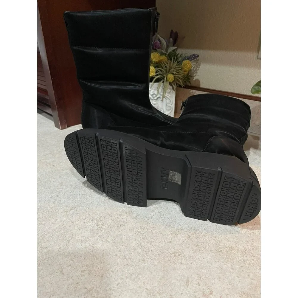 DKNY Fiza Black Platform Zipper Boots Chunky Sole Almond Toe Synthetic US Sz 7.5